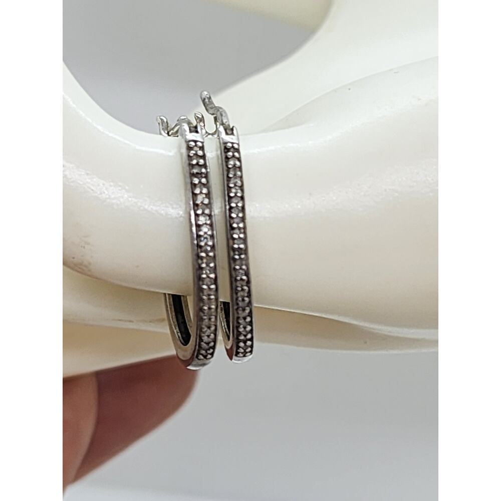 Sterling Silver Diamond Hoop Earrings Pave Set Oval Hoops Vintage Style - Picture 11 of 16